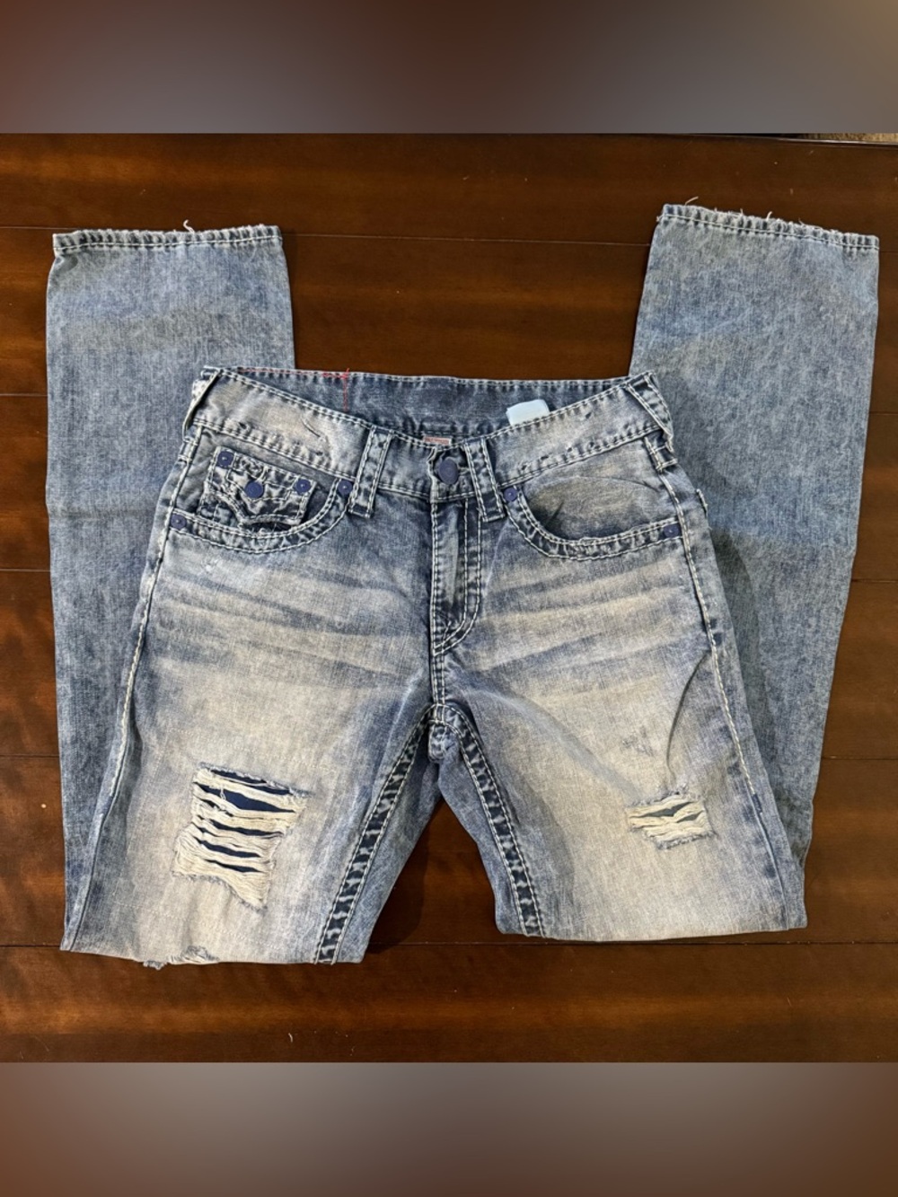 True Religion Men’s Distressed Light Wash Blue Straight Leg Jeans